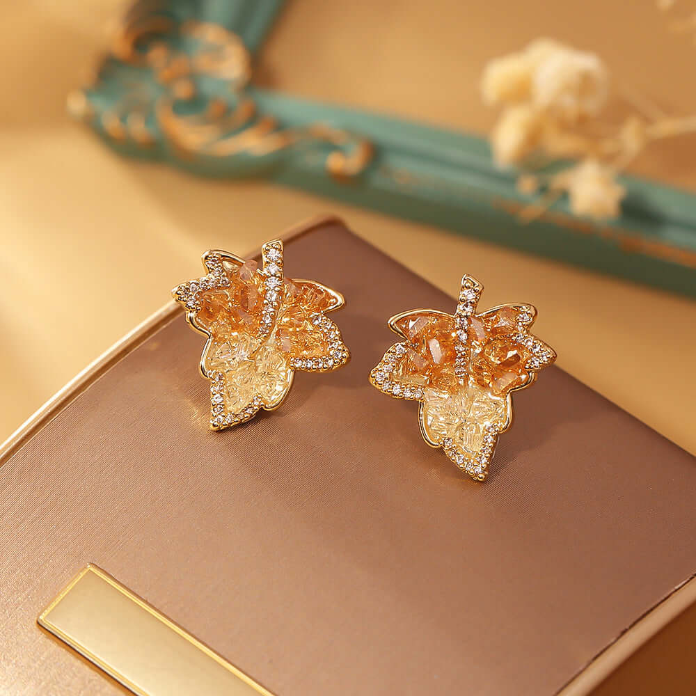 Gradient Maple Leaf Paved Crystal Earring Stud