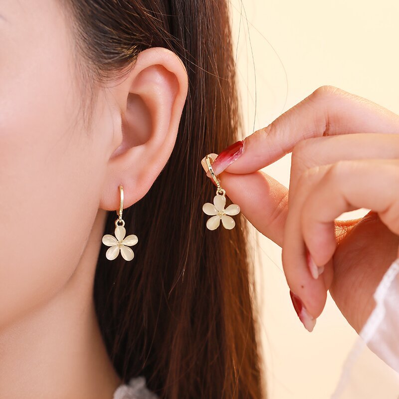 Cat Eye Stone Flower Charm Drop Earrings Hoop