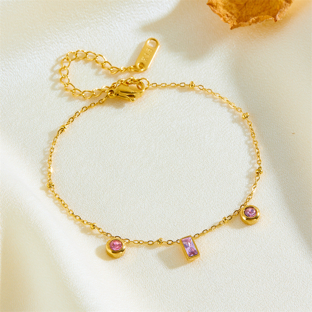 18K Gold Plated Baguette Charm Necklace Pink Bracelet Set 