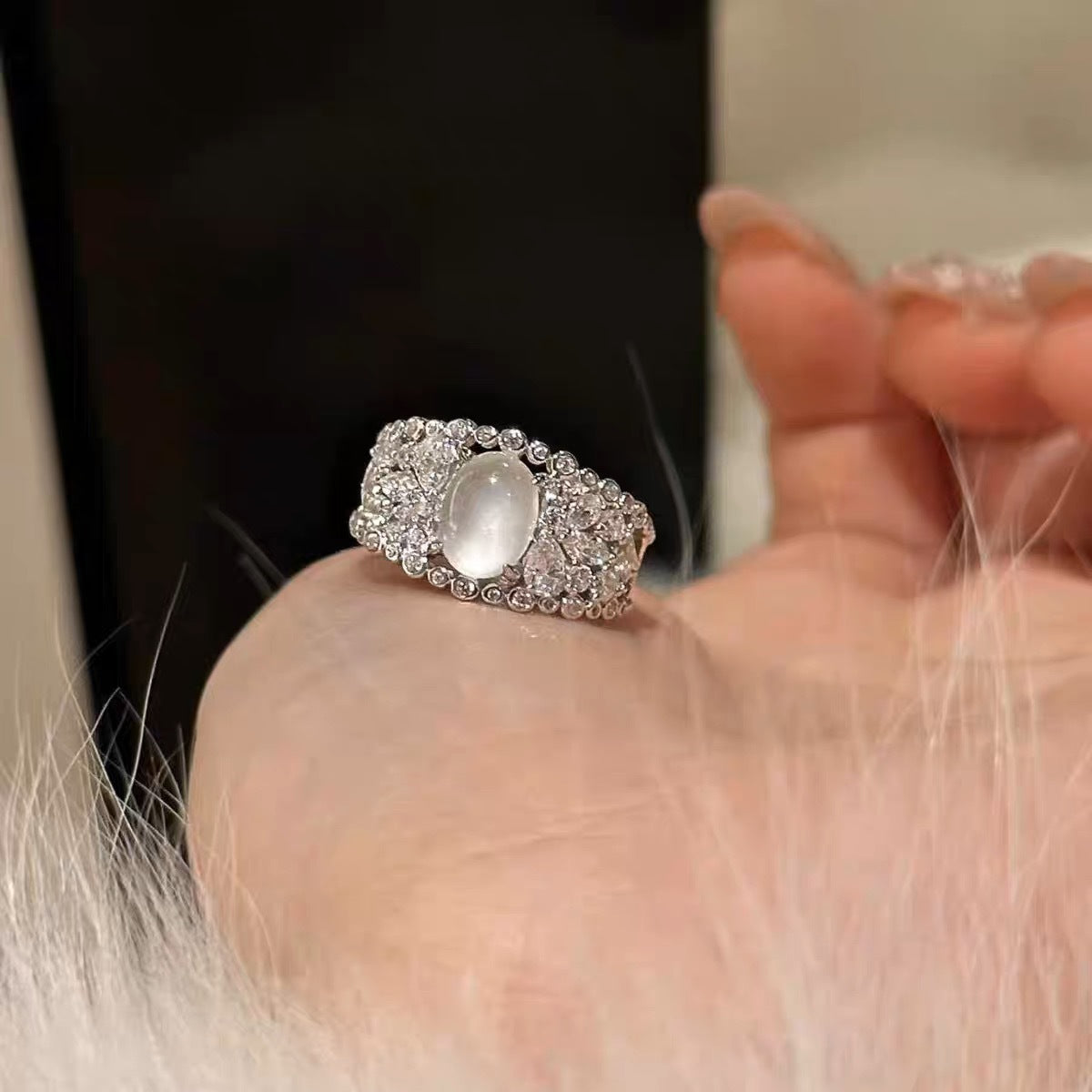 White Chalcedony Halo Statement Ring