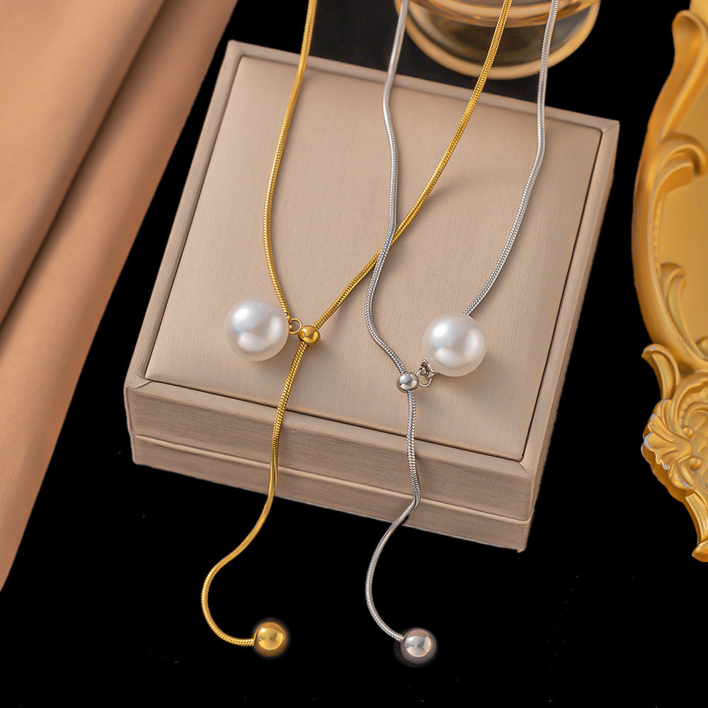 Casual Pearl Slider Lariat Chain Necklace