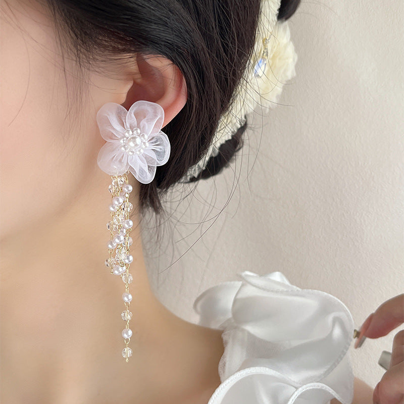 Lace Flower Ivory Pearl Drop Wedding Earrings