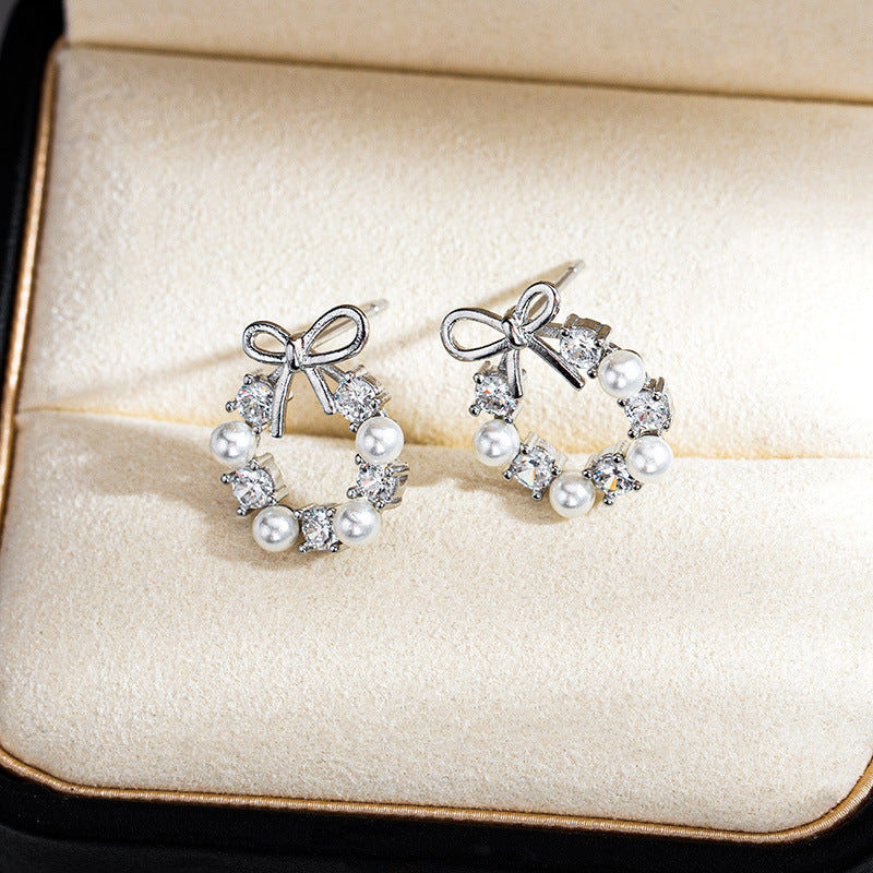 Dainty French Style Bow Pearl Studs