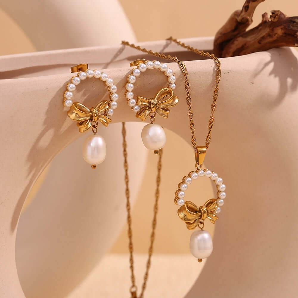 Gold Bow Pearl Drop Earrings