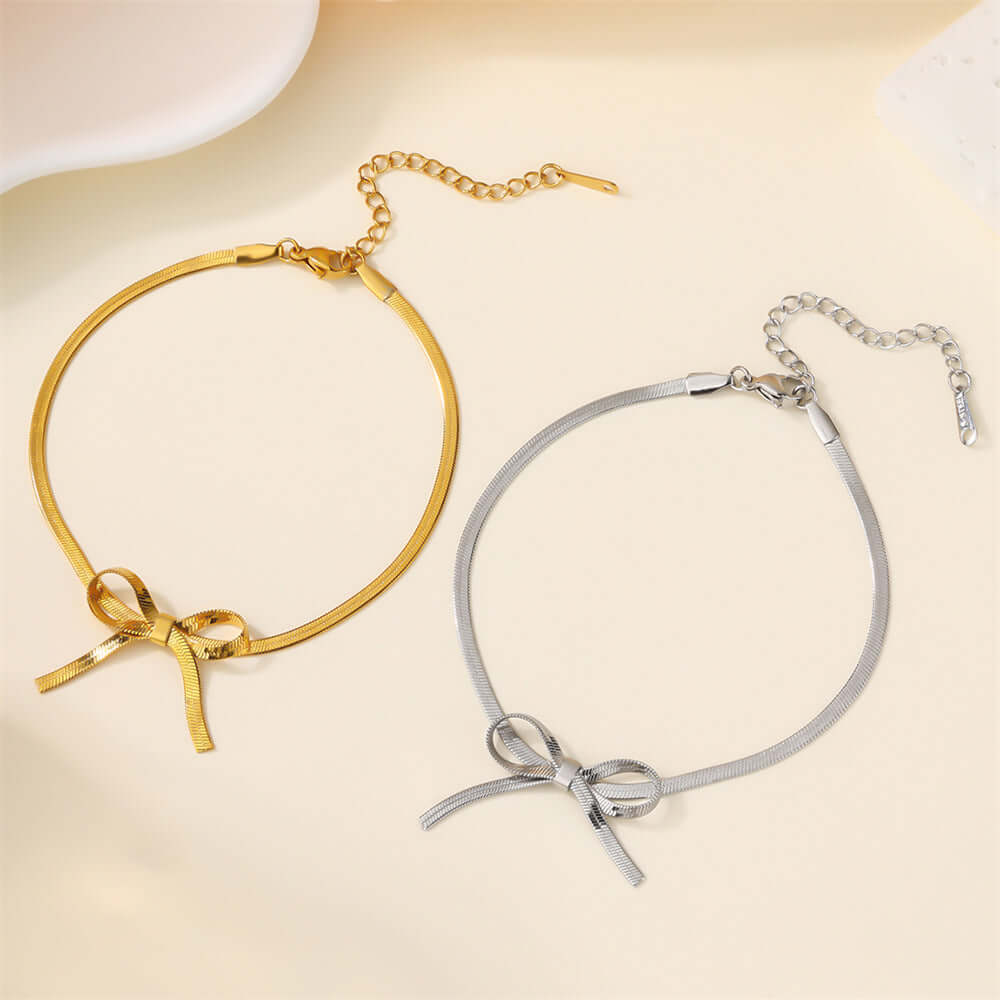 Gold Bow Herringbone Anklet Chain