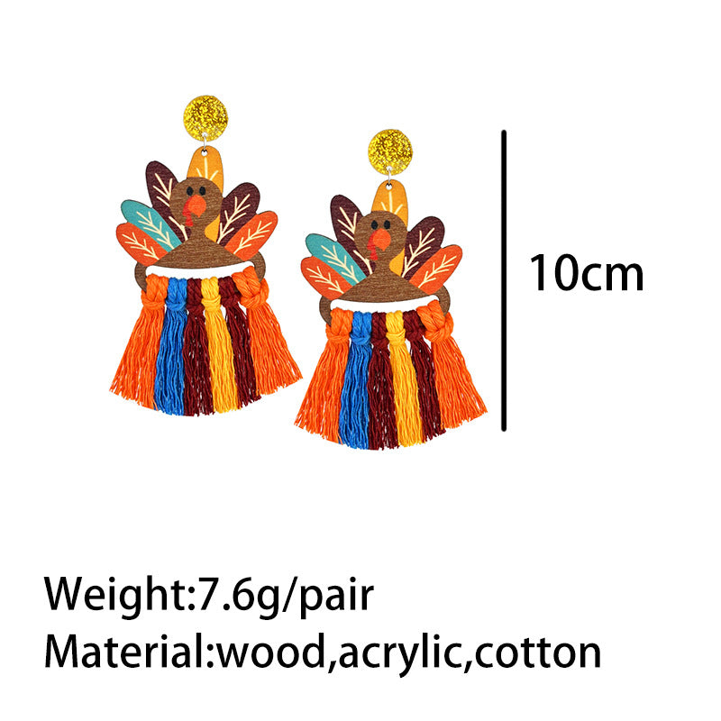 Thanksgiving Woven Turkey Pumpkin Tassel Fall Autumn Earrings