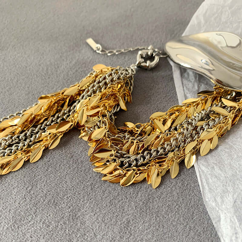 Exaggerate Metallic Two Tone Leaf Statement Bracelet