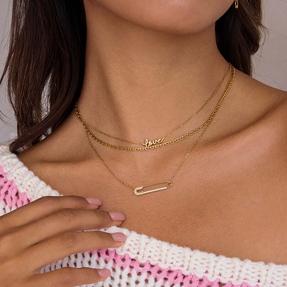 Safety Pin with Love Layered Chain Necklace