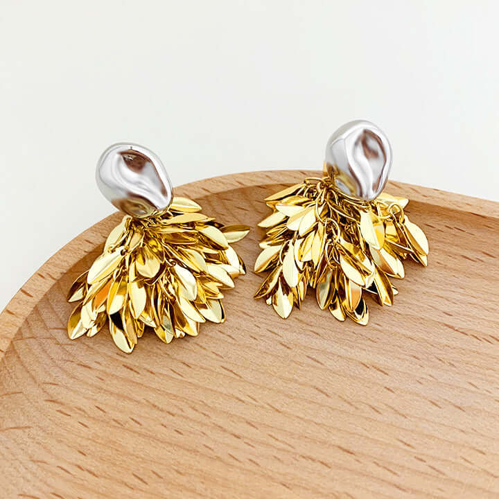 Gold Silver Tones Double Wear Leaf Fringe Earrings Set