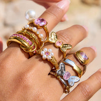 Fairy Pink Bow CZ Pearl Ring 