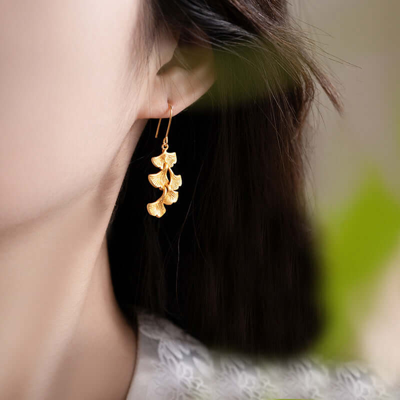 Golden Ginkgo Leaf Dangle Earrings