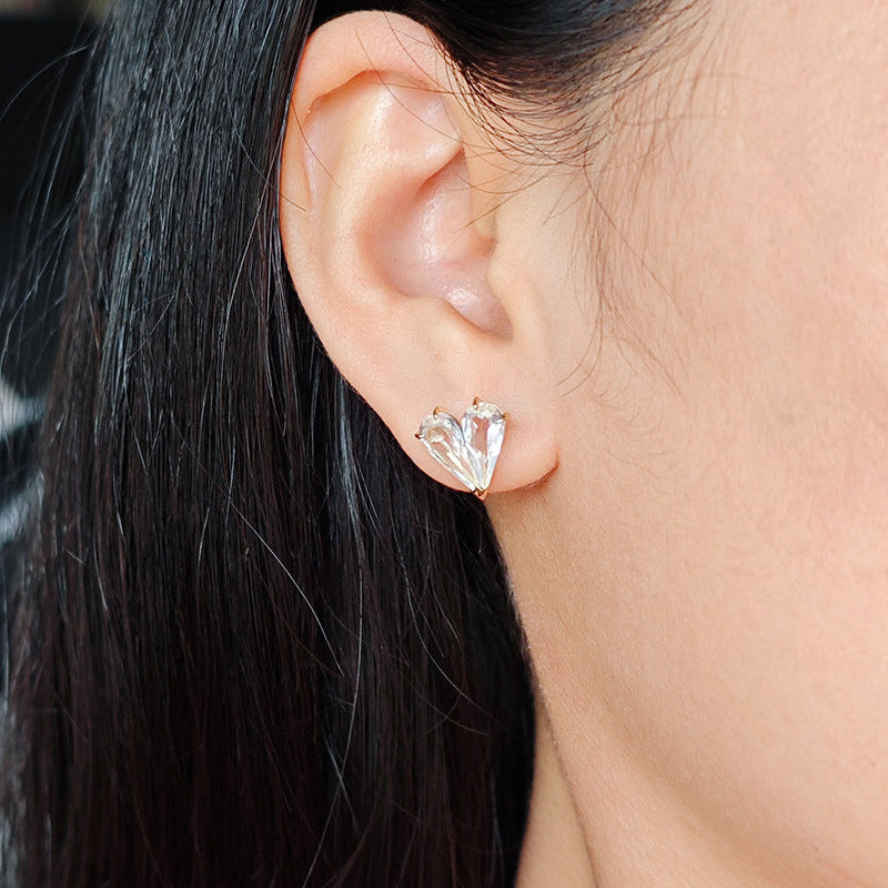 Asymmetric Clear Quartz Invisible Heart Earring Stud