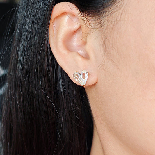 Asymmetric Clear Quartz Invisible Heart Earring Stud