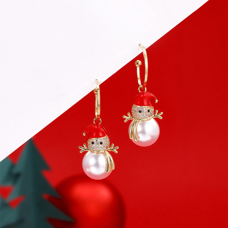 Cute Ivory Red Snowman Holiday Drop Earrings