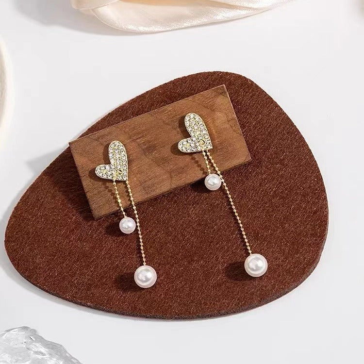 Pearl Heart Tassel Drop Earrings