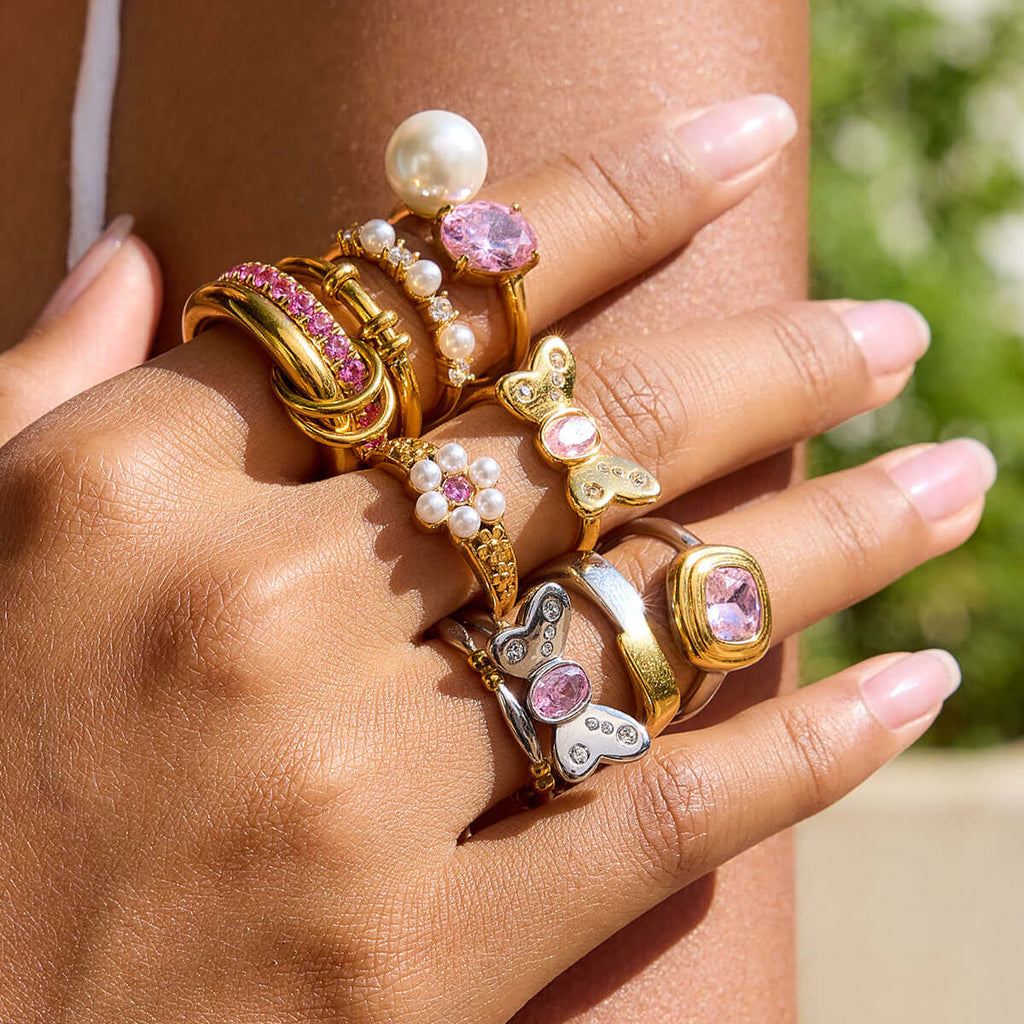 Fairy Pink Bow CZ Pearl Ring 