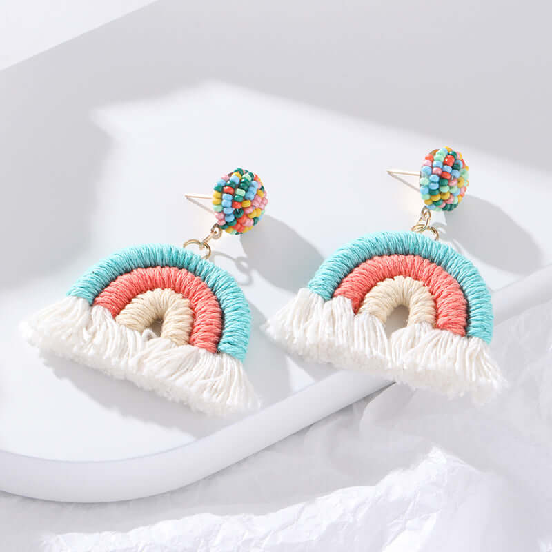 Woven Knit Rainbow Tassel Necklace