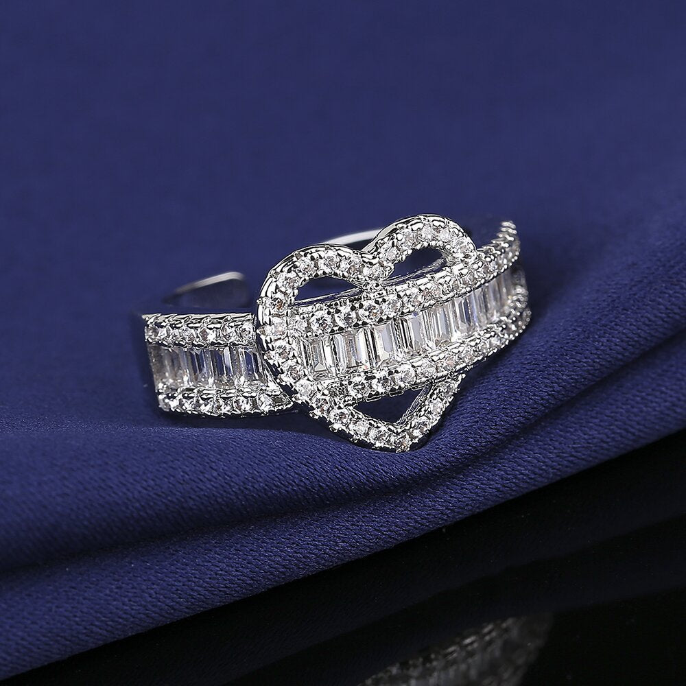 Wide Band Zircon Silver Heart Ring