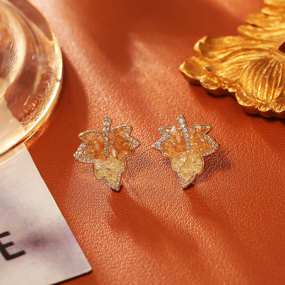 Gradient Maple Leaf Paved Crystal Earring Stud
