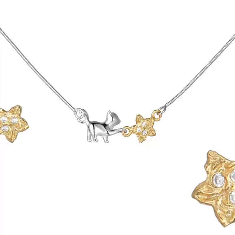 Cat Reaching Star Silver Necklace
