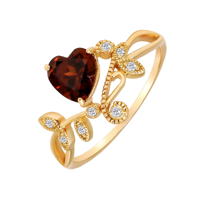 Red Garnet Heart Shaped Olive Branch Spiral Ring