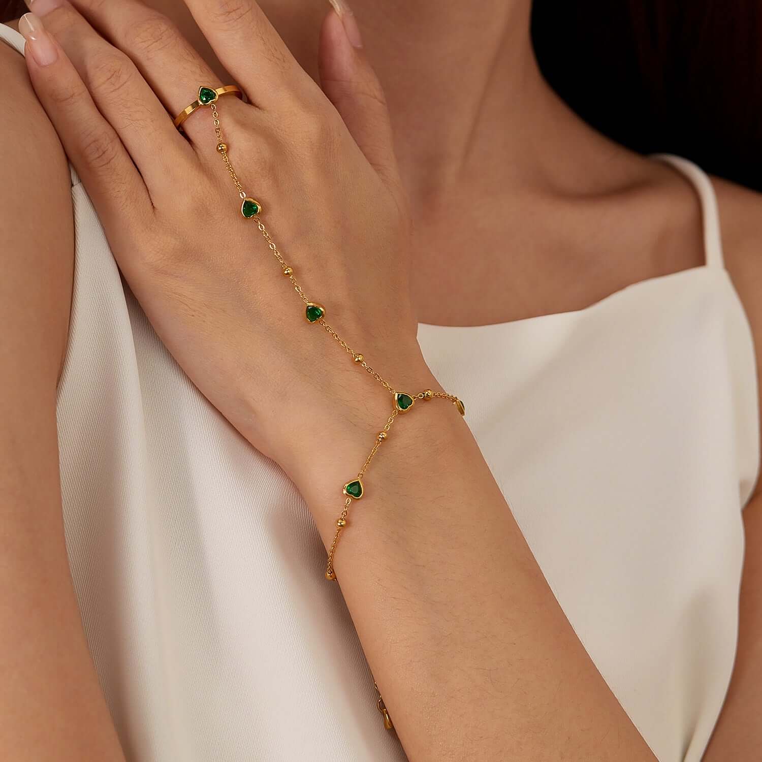 Green CZ Hand Chain Bracelet