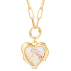 Gold heart-shaped pendant with 'Girl' and a baby chick design on a white background