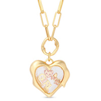 Gold heart-shaped pendant with 'Girl' and a baby chick design on a white background
