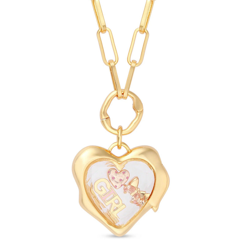 Gold heart-shaped pendant with 'Girl' and a baby chick design on a white background