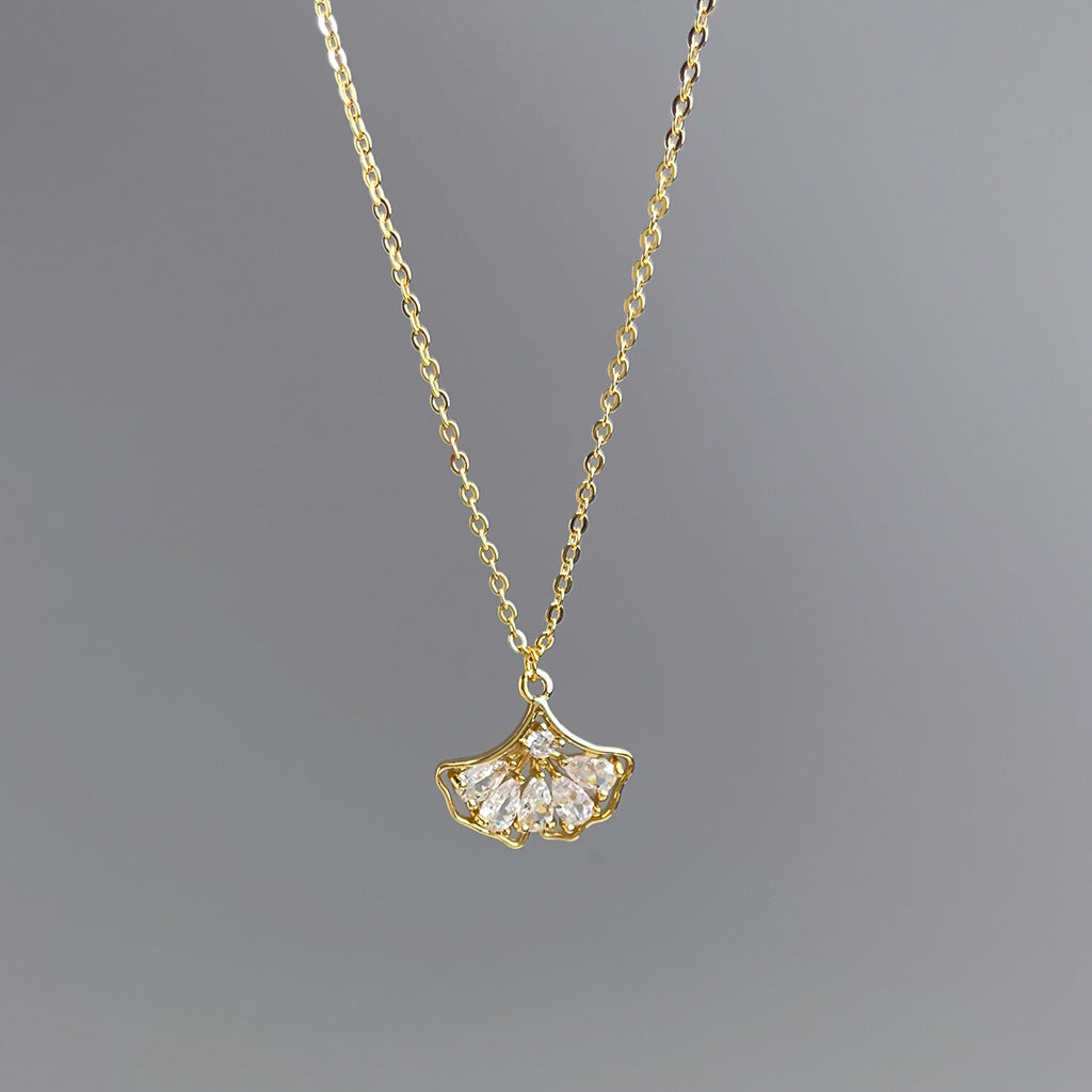 18K Gold Plated Ginkgo Leaf Zircon Chain Necklace