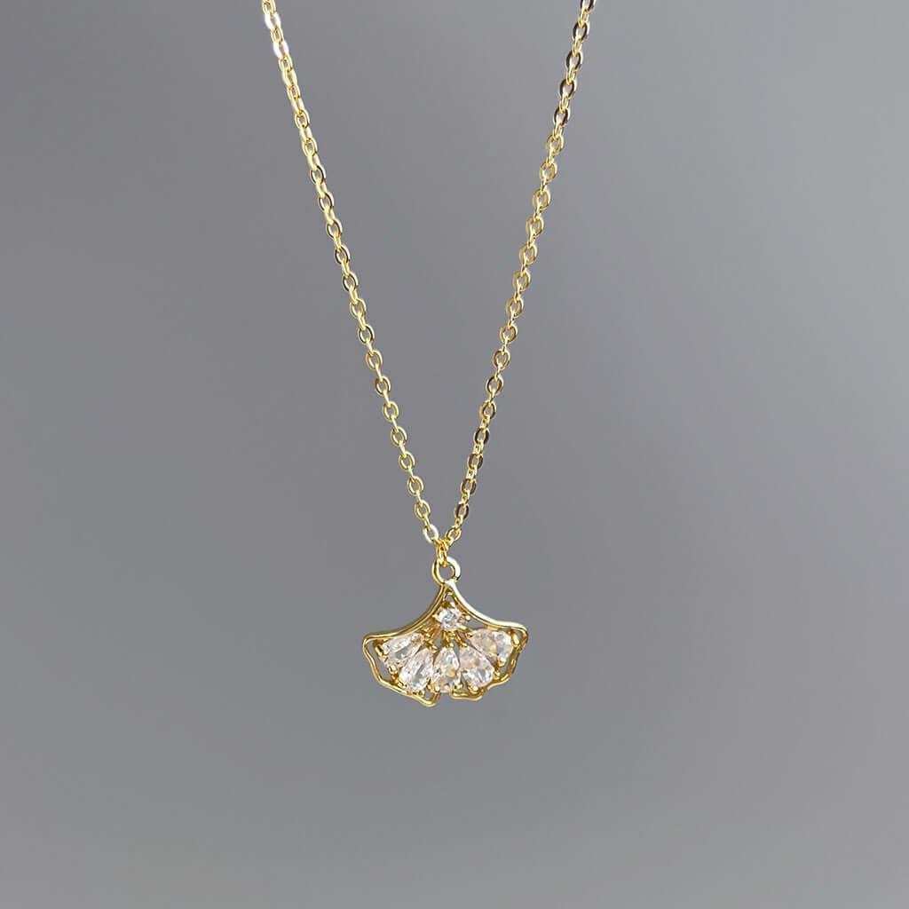 18K Gold Plated Ginkgo Leaf Zircon Chain Necklace