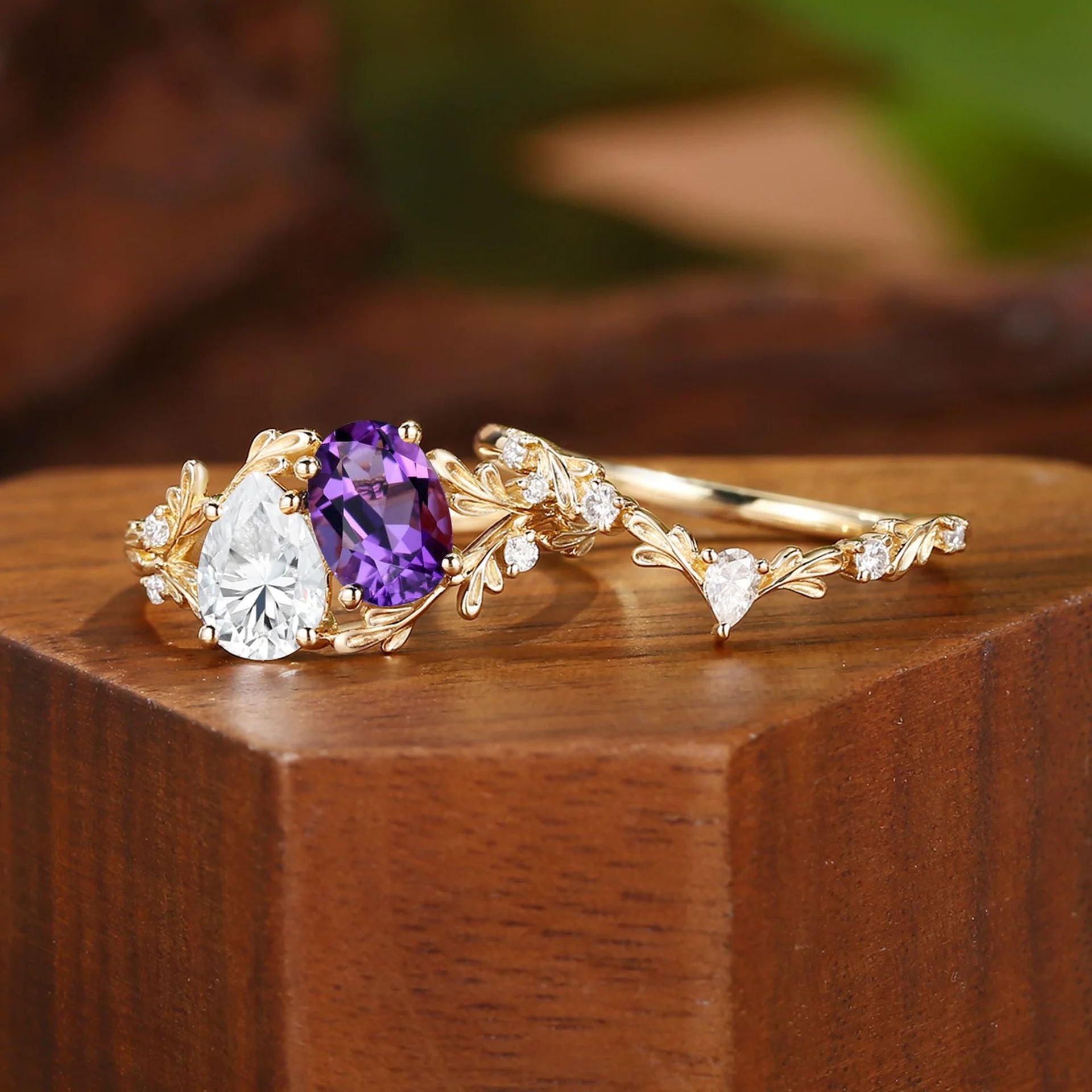 Vintage Moissanite & Lab Crafted Sapphire Stacking Ring Set