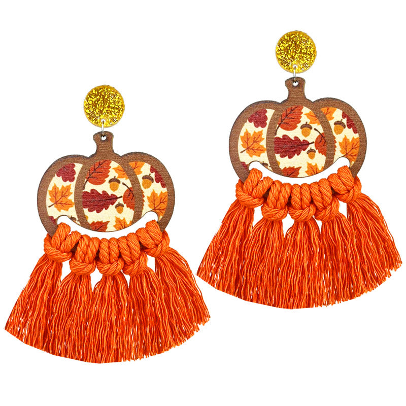 Thanksgiving Woven Turkey Pumpkin Tassel Fall Autumn Earrings