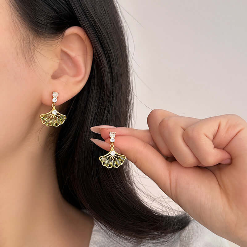 Fan Shape Ginkgo Leaf CZ Drop Earring