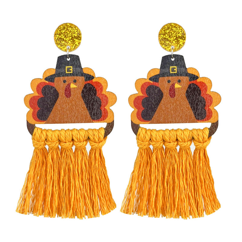 Thanksgiving Woven Turkey Pumpkin Tassel Fall Autumn Earrings