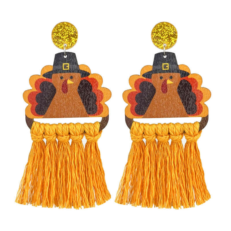 Thanksgiving Woven Turkey Pumpkin Tassel Fall Autumn Earrings