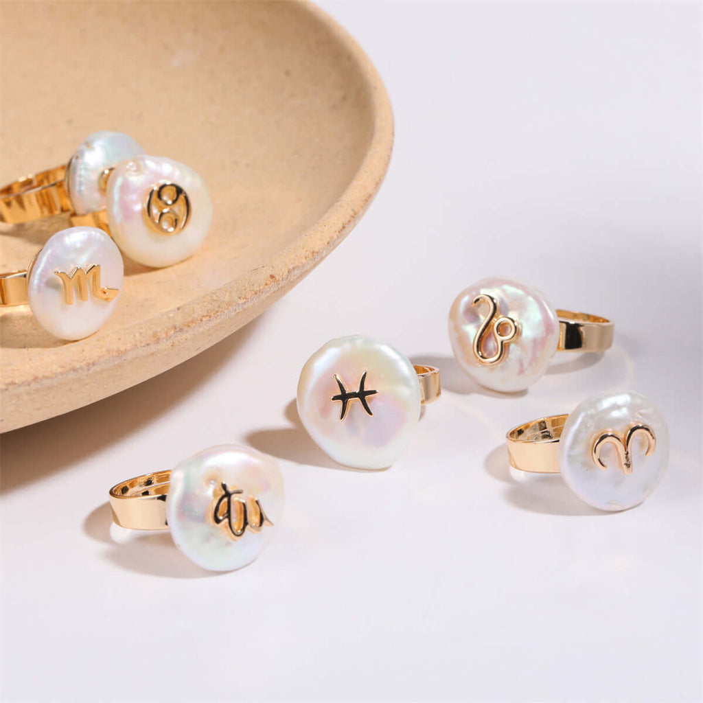 14K Horoscope Zodiac Sign Pearl Stacking Ring | MQ801