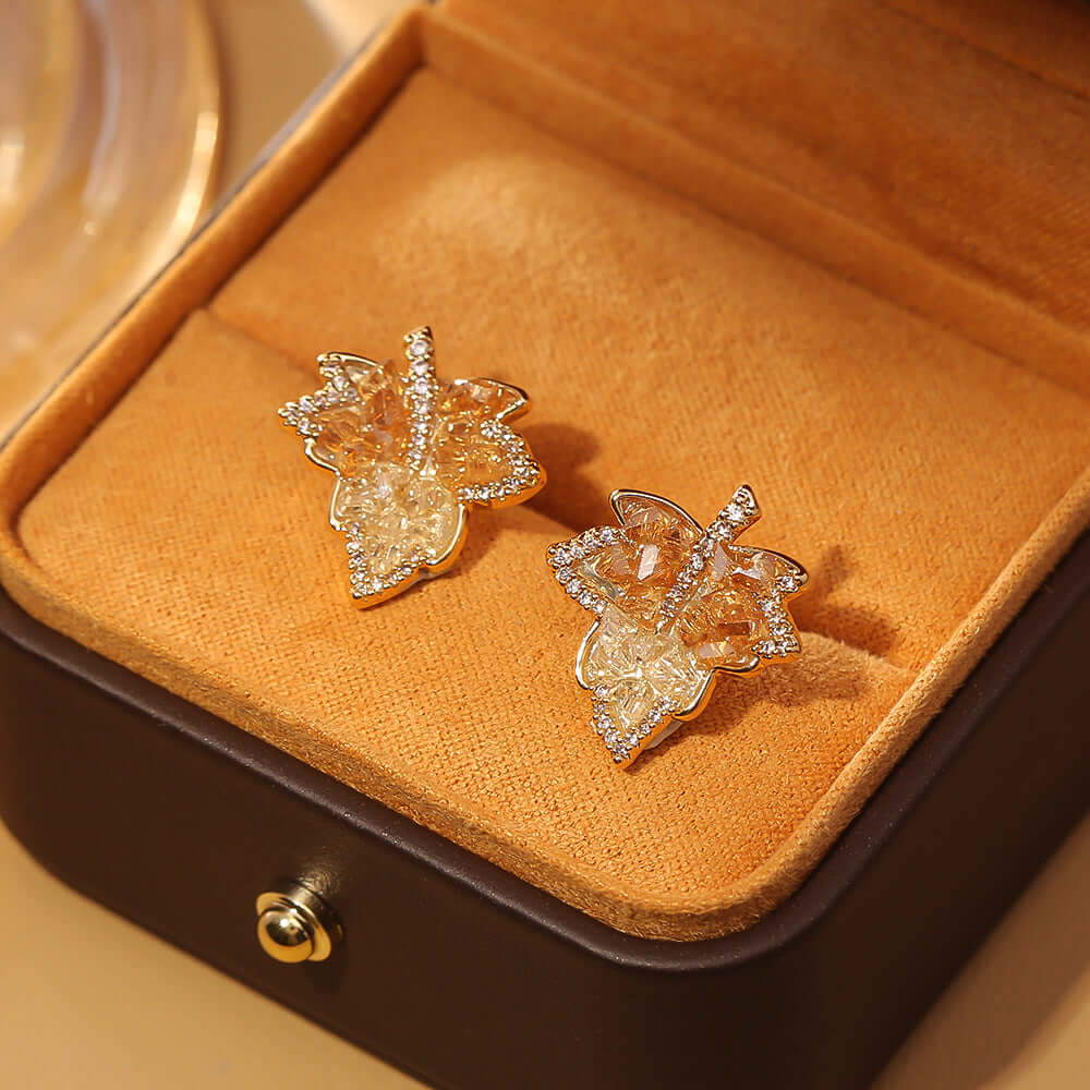 Gradient Maple Leaf Paved Crystal Earring Stud