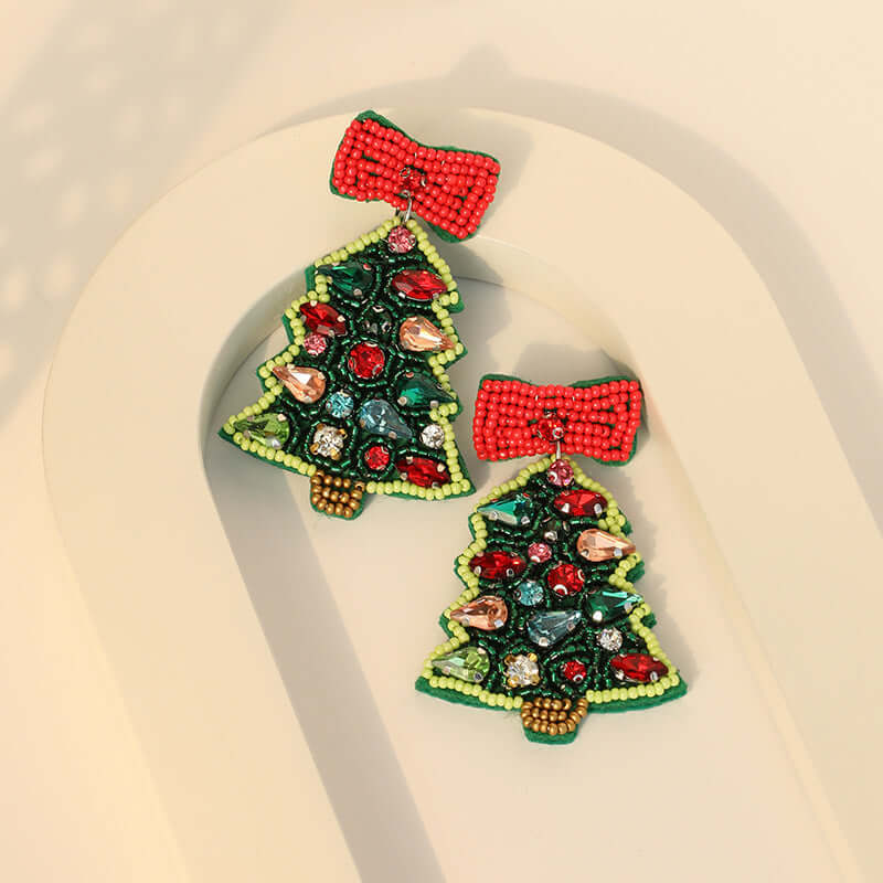 Handcraft Woven Glass Bead Xmas Tree Earrings