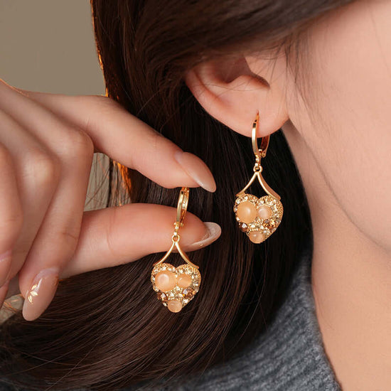 Cat Eye Stone Golden Heart Earrings Hoop