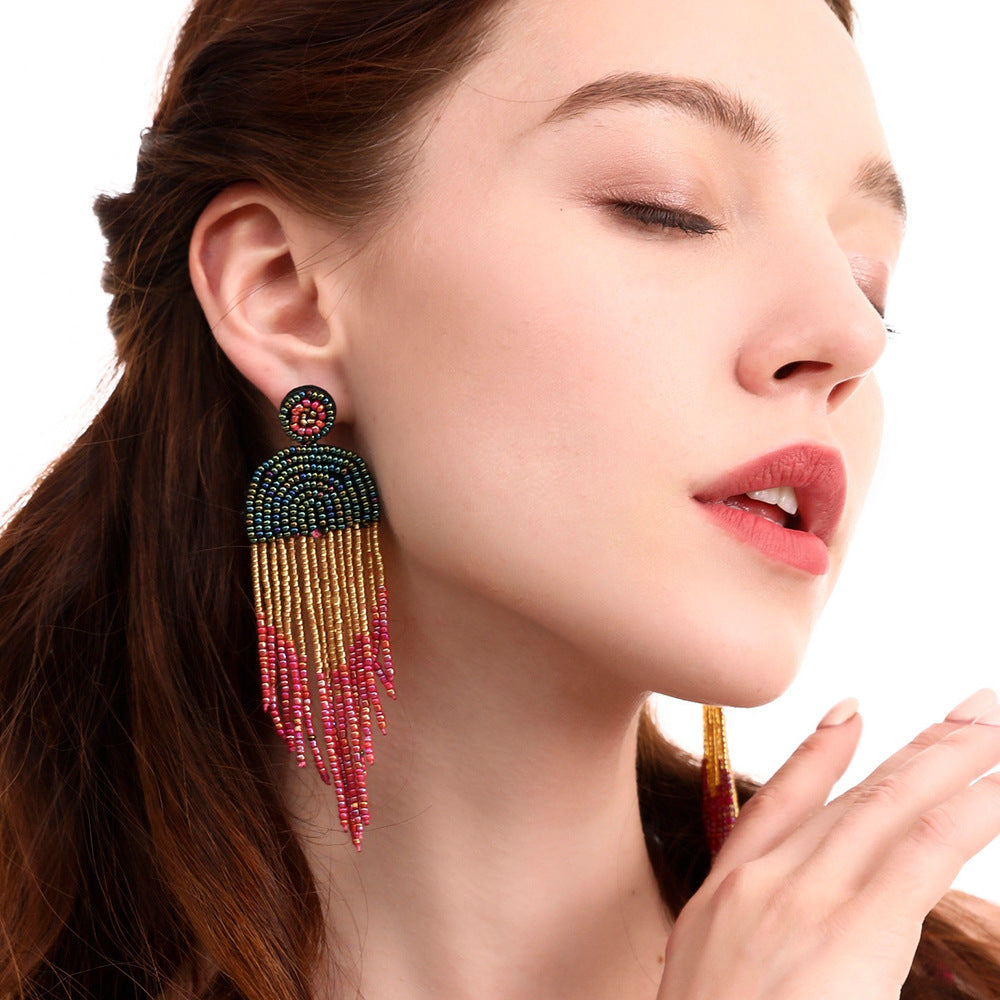 Bohemian Color Seed Beads Tassel Fringe Earrings