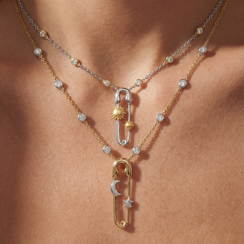 Celestial Safety Pin Sun Moon Necklace