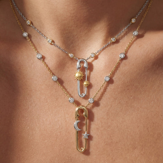 Celestial Safety Pin Sun Moon Necklace