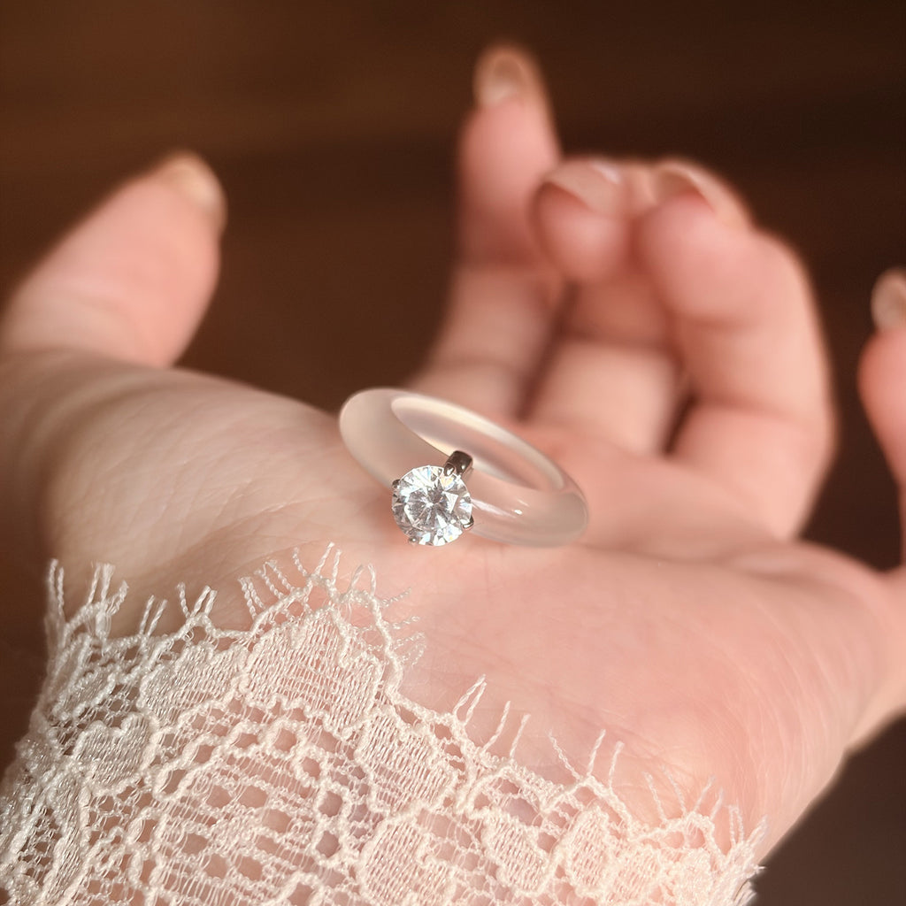 Translucent White Chalcedony Crystal Ring with Zircon