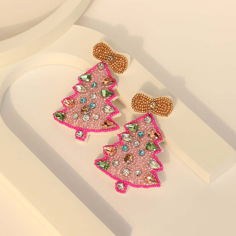 Handcraft Woven Glass Bead Xmas Tree Earrings