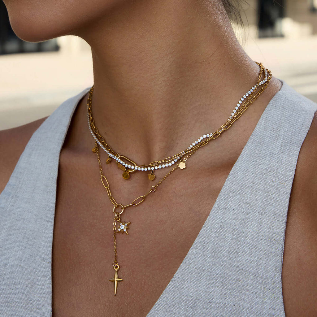 Four Pointed Shiny Star Tennis Chain Layer Necklace