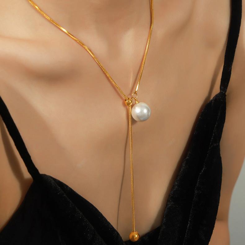 Casual Pearl Slider Lariat Chain Necklace