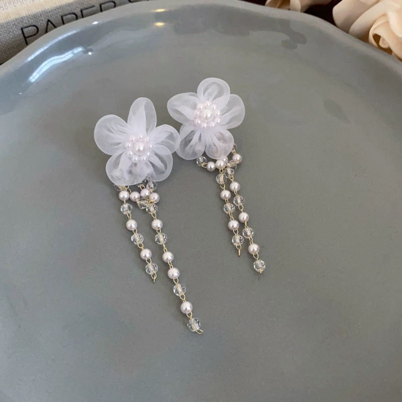 Lace Flower Ivory Pearl Drop Wedding Earrings