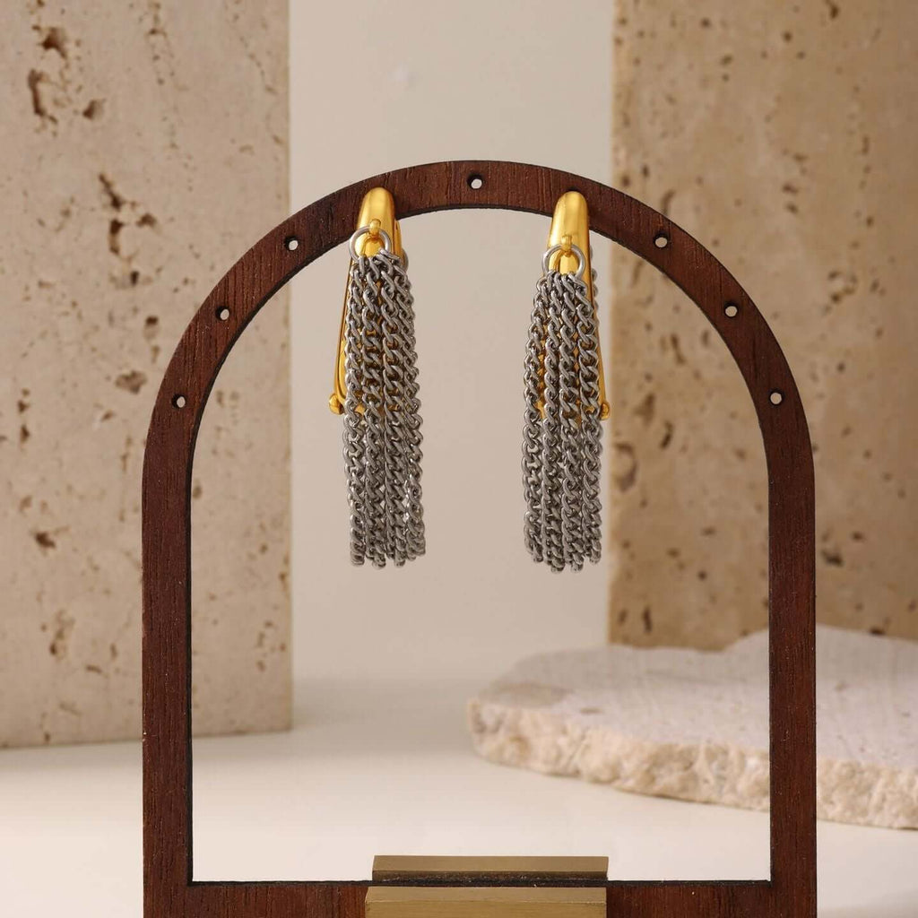 Gold Silver Duo Tone Tassel Chain Earrings
