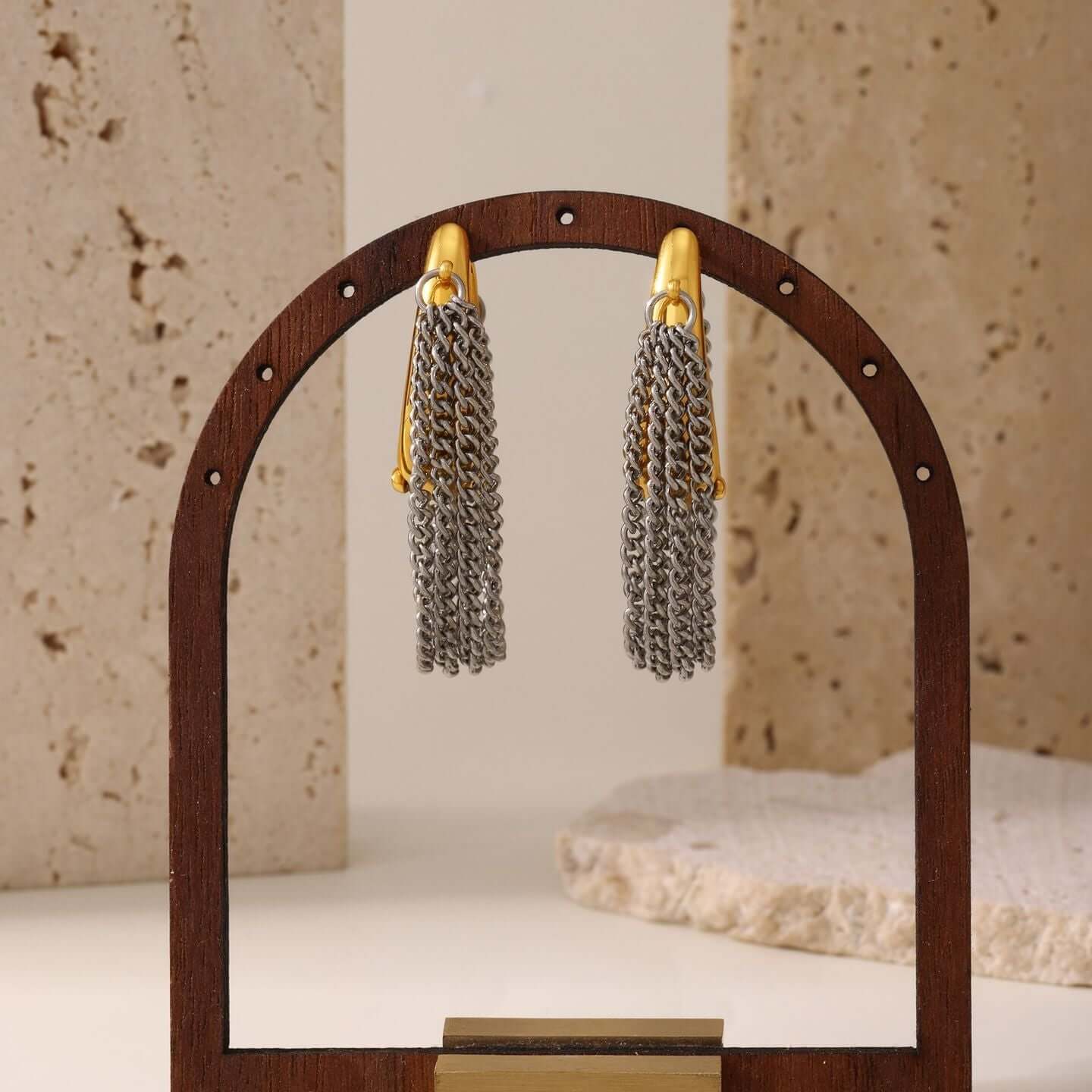 Gold Silver Duo Tone Tassel Chain Earrings